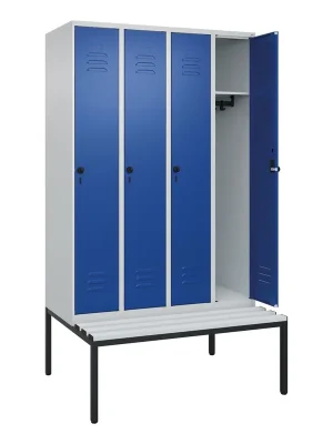 Abverkauf C+P 6476209 Garderobenschrank, untergeb. Sitzbank, BxTxH 1200x500x2120 mm, 4 Abteile, Abt.B 300 mm, Kunststoffleisten, Drehriegel, RAL 7035/5010