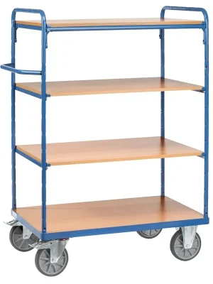 FECHTEL 832555 Etagenwagen, 2 offene Wände, 4 Ladeflächen LxB 850x500 mm, Außenmaße 1019x509x1511 mm, Traglast 500 kg, RAL 5007 brillantblau Geprüft
