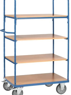 Geprüft FECHTEL 832549 Etagenwagen, 2 offene Wände, 4 Ladeflächen LxB 1200x800 mm, Außenmaße 1369x809x1800 mm, Traglast 600 kg, RAL 5007 brillantblau