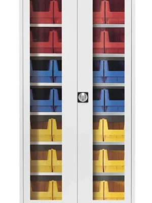 MAUSER 1991059 Flügeltürenschrank mit Sichtfenster, 6 Böden, bestückt, BxTxH 950x420x1950 mm, Kästen: 8xGr. 3 rot, 8xGr. 3 blau, 12xGr. 3 gelb, RAL 6011/6011 Jetzt Bestellen