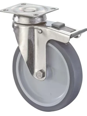 Abverkauf BS ROLLEN 1617956 Edelstahl-Apparate-Lenkrolle m. Festst., thermopl. Gummi grau, Durchm. 125 mm, Traglast 70 kg, Gleitlager, Anschraubplatte
