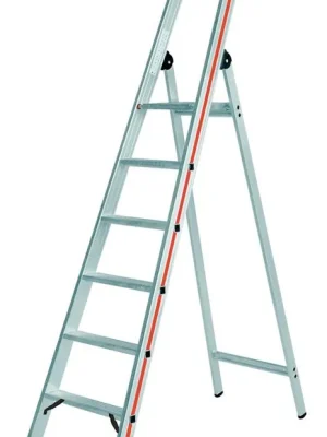 HYMER 1561477 Stufen-Stehleiter mit Sicherheitsbrücke, einseitig, Ablageschale und Einhängemöglichkeit für Eimer, senk. Länge 3870 mm, 14 Stufen, Gewicht 18,0 kg Must-Have