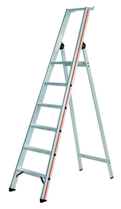 HYMER 1561477 Stufen-Stehleiter mit Sicherheitsbrücke, einseitig, Ablageschale und Einhängemöglichkeit für Eimer, senk. Länge 3870 mm, 14 Stufen, Gewicht 18,0 kg Must-Have