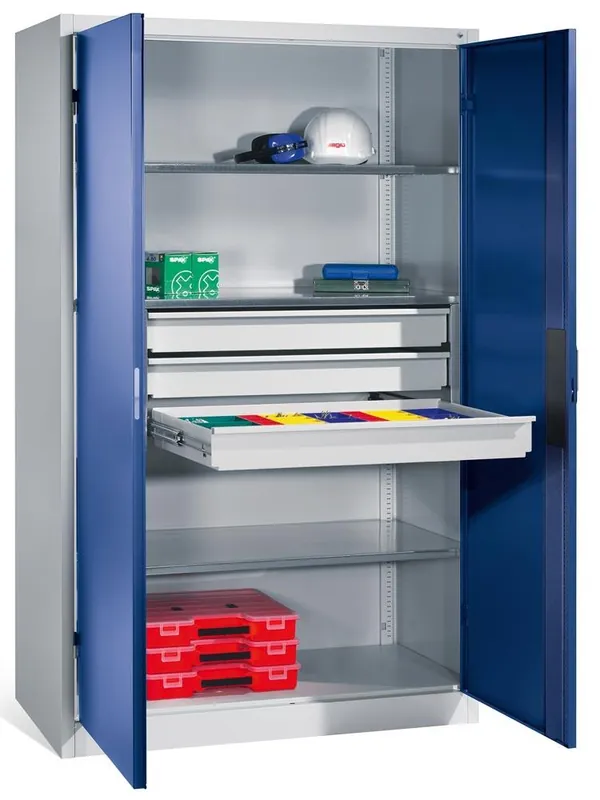 Billig C+P 1898785 Schwerlastschrank mit mittigem Schubladenblock, BxTxH 930x600x1950 mm, RAL 7035/5012