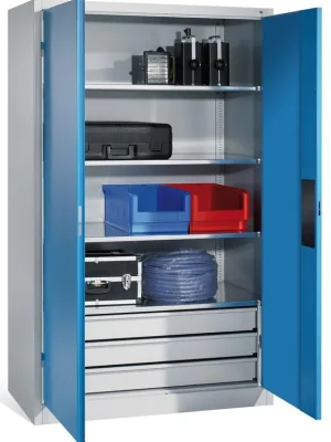 C+P 1898788 Schwerlastschrank mit unterem Schubladenblock, BxTxH 930x500x1950 mm, RAL 7035/5012 Aktuell