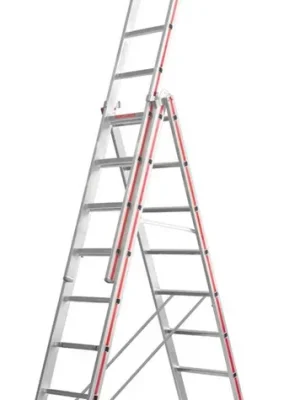 HYMER 490623 Mehrzweckleiter, 3-teilig, 3x9 Sprossen, Länge als Anlegeleiter 6550 mm, senkr. Höhe mit Steckteil 4330 mm, Perlongurte, Gewicht 18,0 kg Geprüft