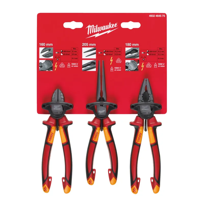 Zertifiziert Milwaukee 4932464575 Zangen-Set VDE, Seitenschneider 160mm, Langbeck-Rundzange, Kombizange 180mm