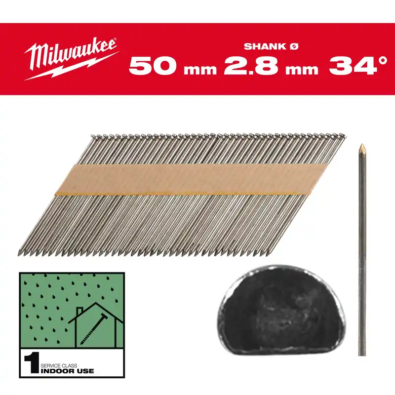 Neuheit Milwaukee Nägel 7,4 mm, Glattschaft, 34°, 7,4x2,8x50mm, Stahl blank, VE 2200 Stück