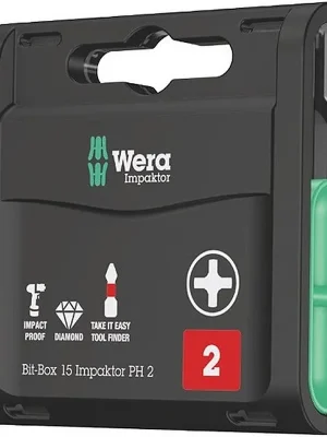 Bestpreis Wera Bitgroßpackung IMPAKTOR Diamond 1/4 Zoll PH 2 L.25mm 15 Bits/Ku.-Box