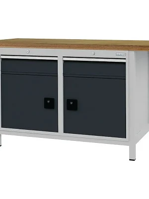 Bedrunka & Hirth Gerätebau Werkbank grau lichtgrau B1500xH859xT750mm Buche Multiplex 40mm 2 Schubl.2 Türen Rabatt