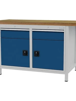 Highlight Bedrunka & Hirth Gerätebau Werkbank signalblau lichtgrau B1500xH859xT750mm Buche Multipl.40mm 2 Schub.2 Tür